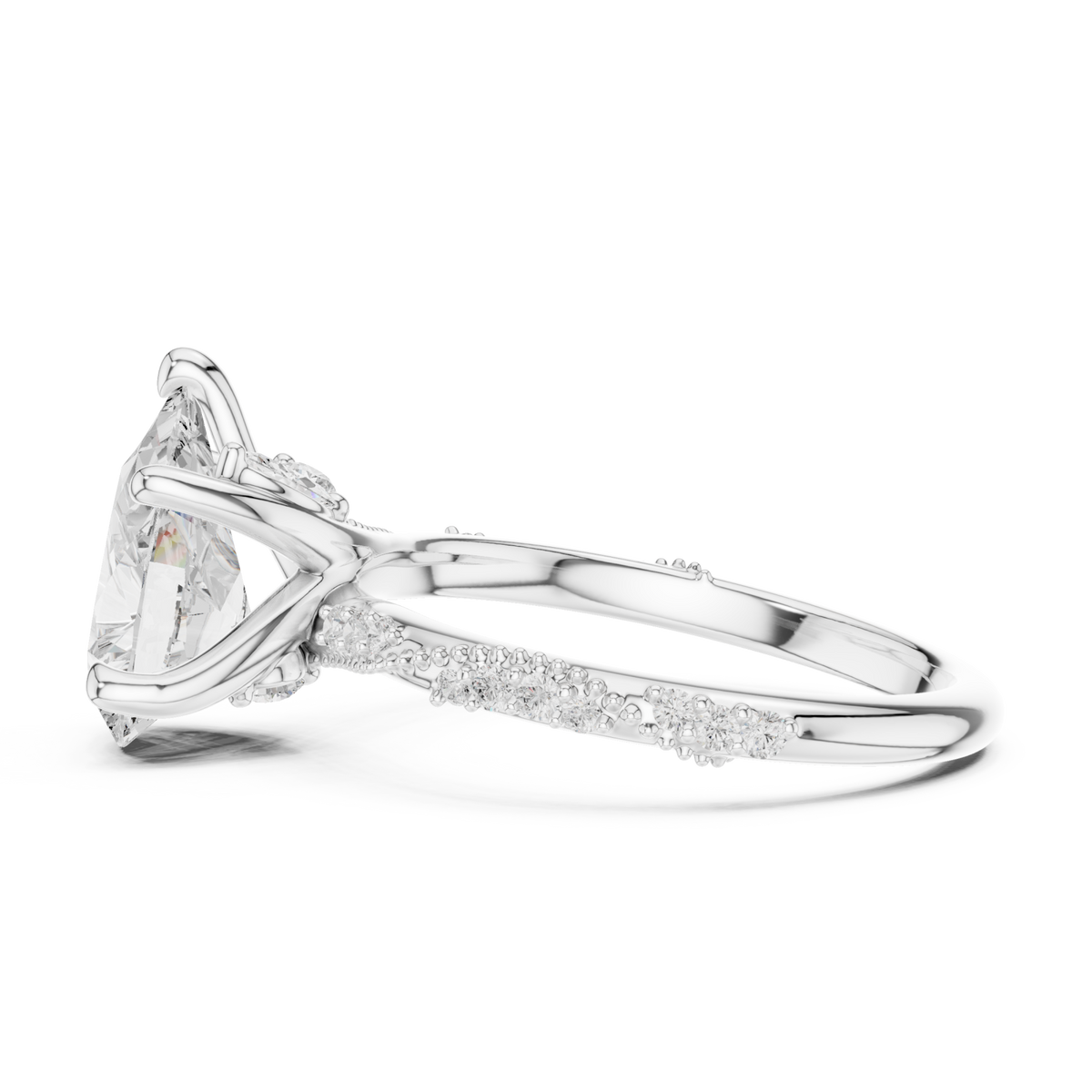 Pear twist pave engagement ring white gold side view