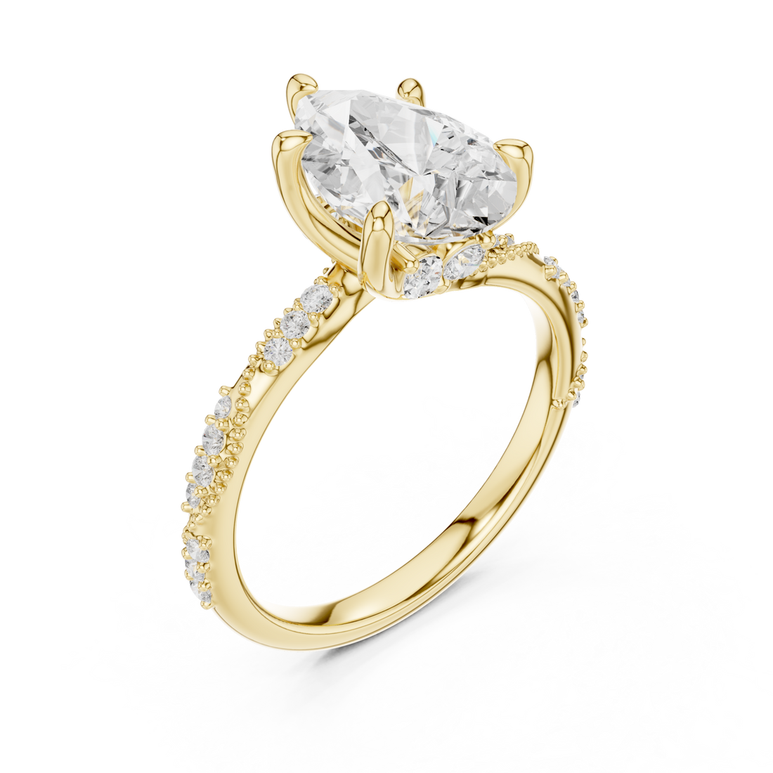 Pear twist pave engagement ring yellow gold front view