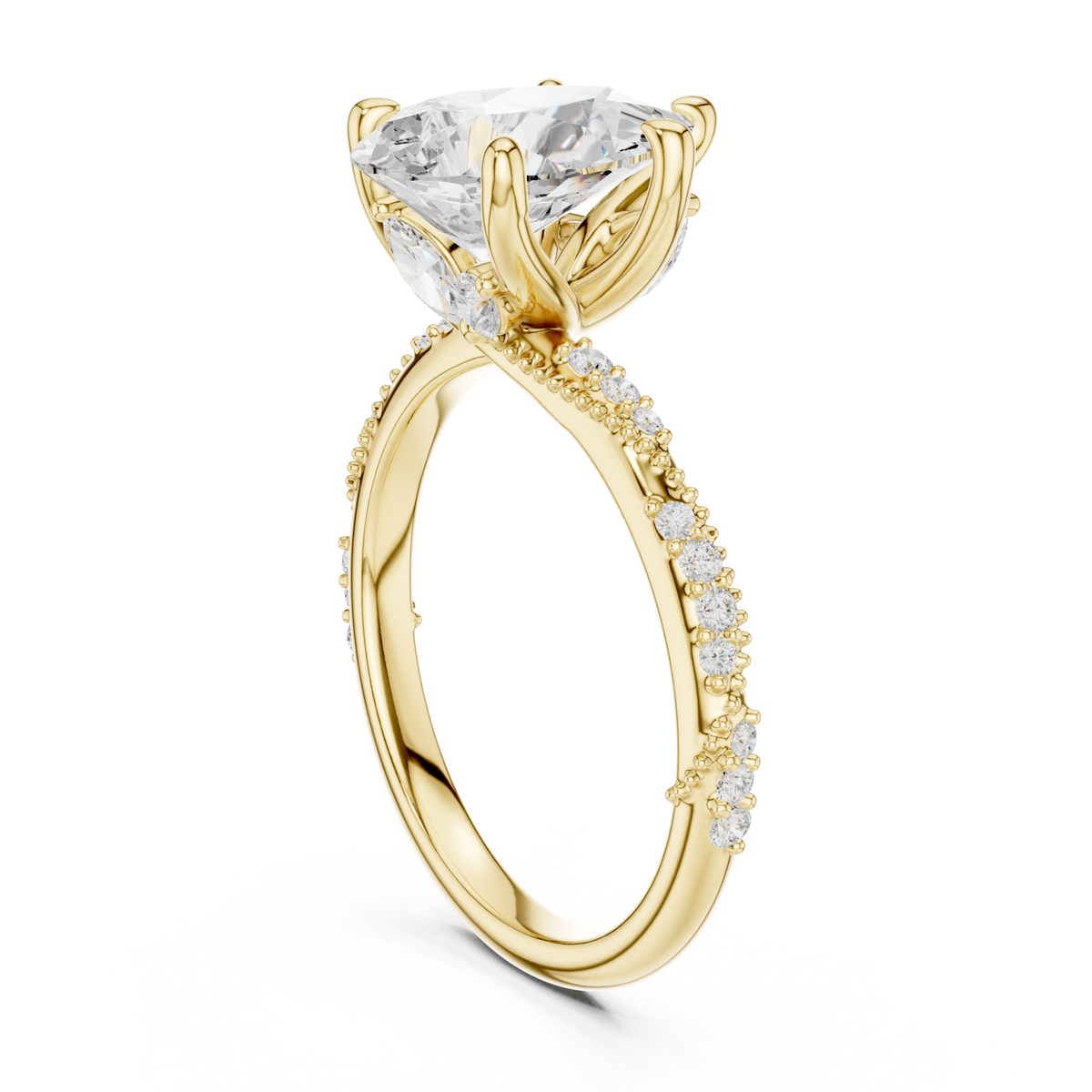 Pear twist pave engagement ring yellow gold front view