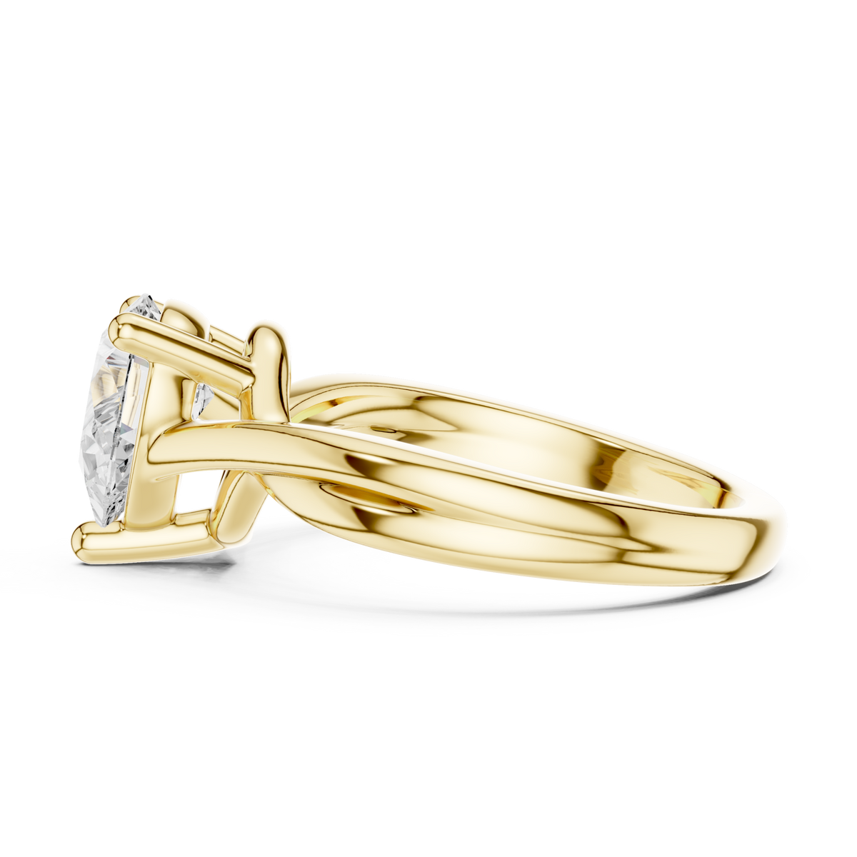 Pear twist solitaire engagement ring yellow gold side view