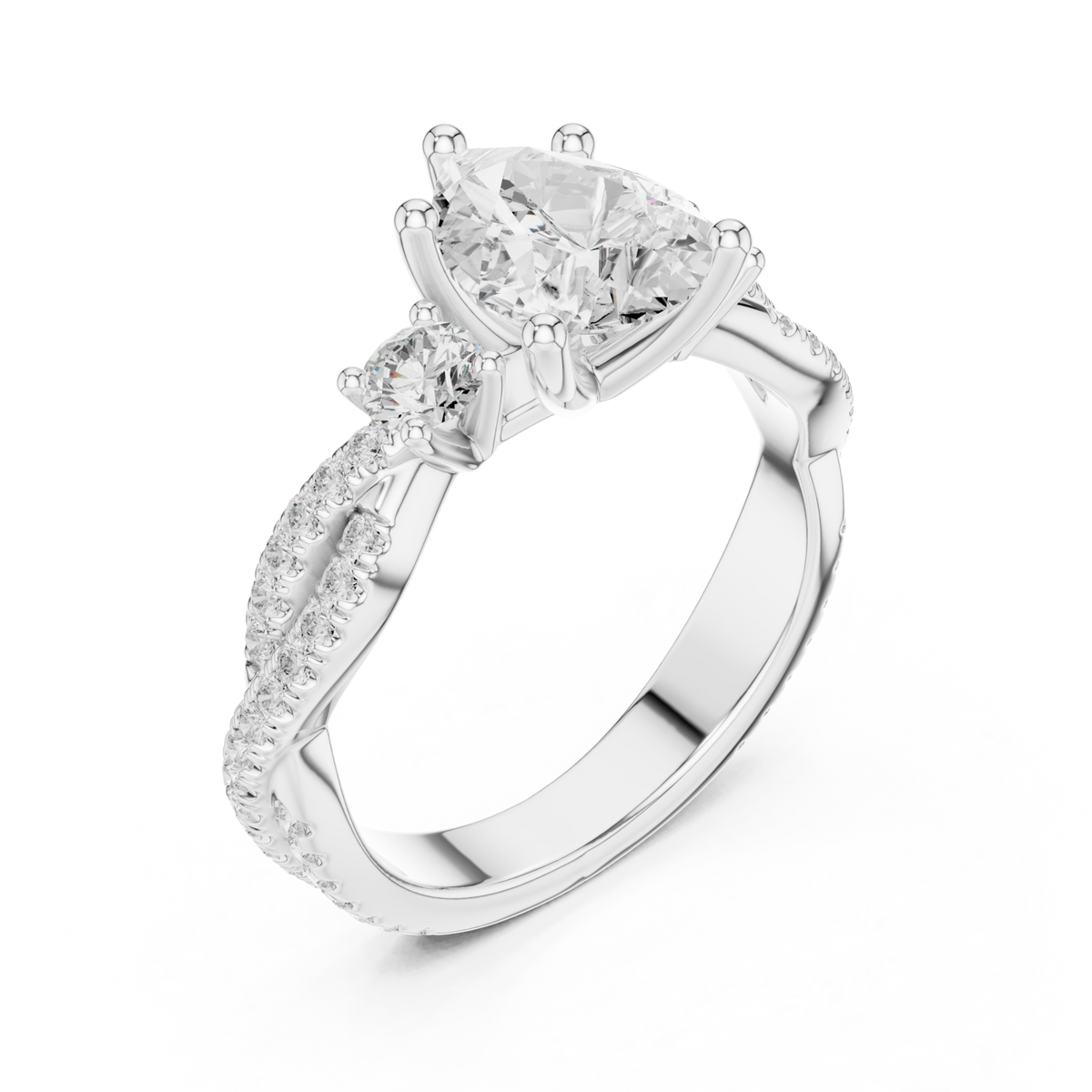 Pear twist three stone engagement ring white gold angle view