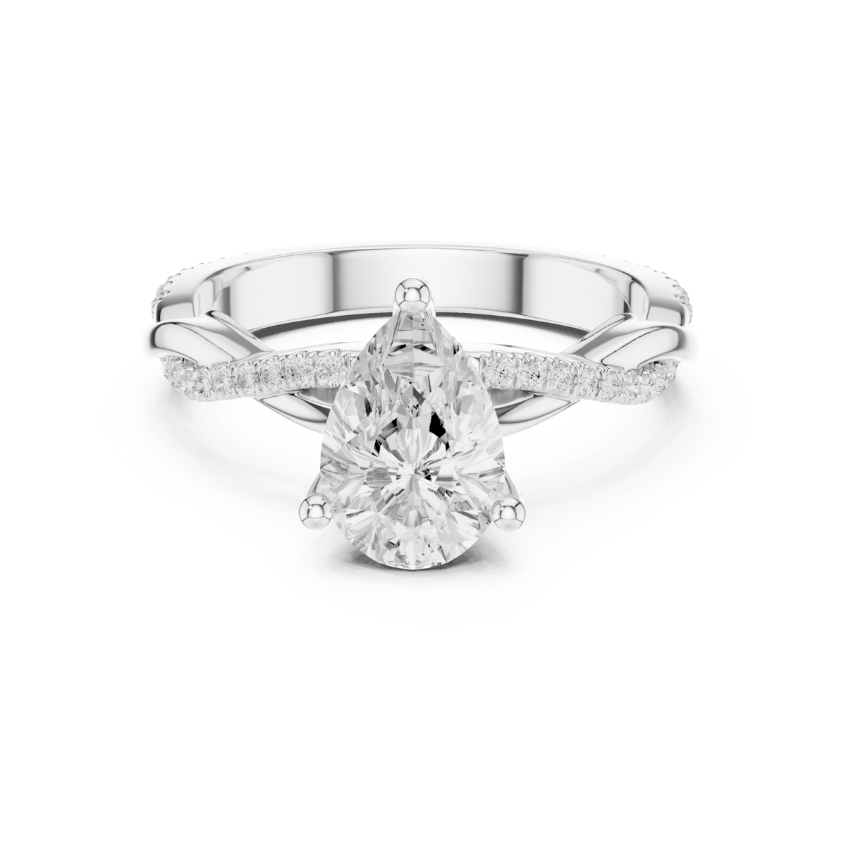 Pear twisted vine pave engagement ring white gold detail view