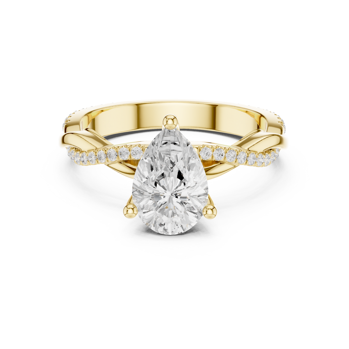 Pear twisted vine pave engagement ring yellow gold detail view