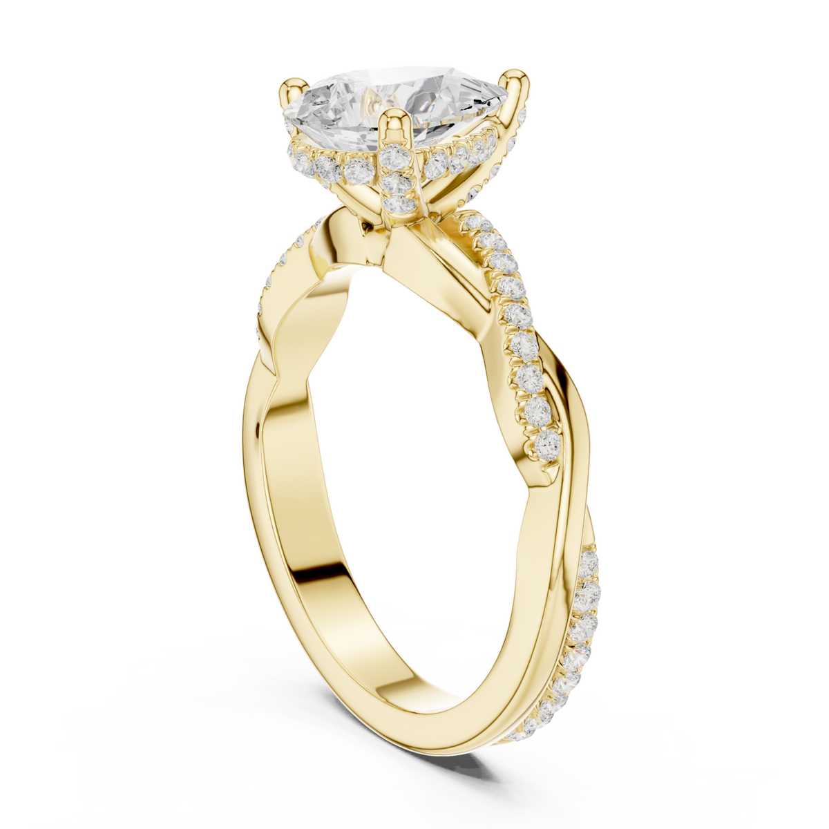Pear twisted vine pave engagement ring yellow gold front view