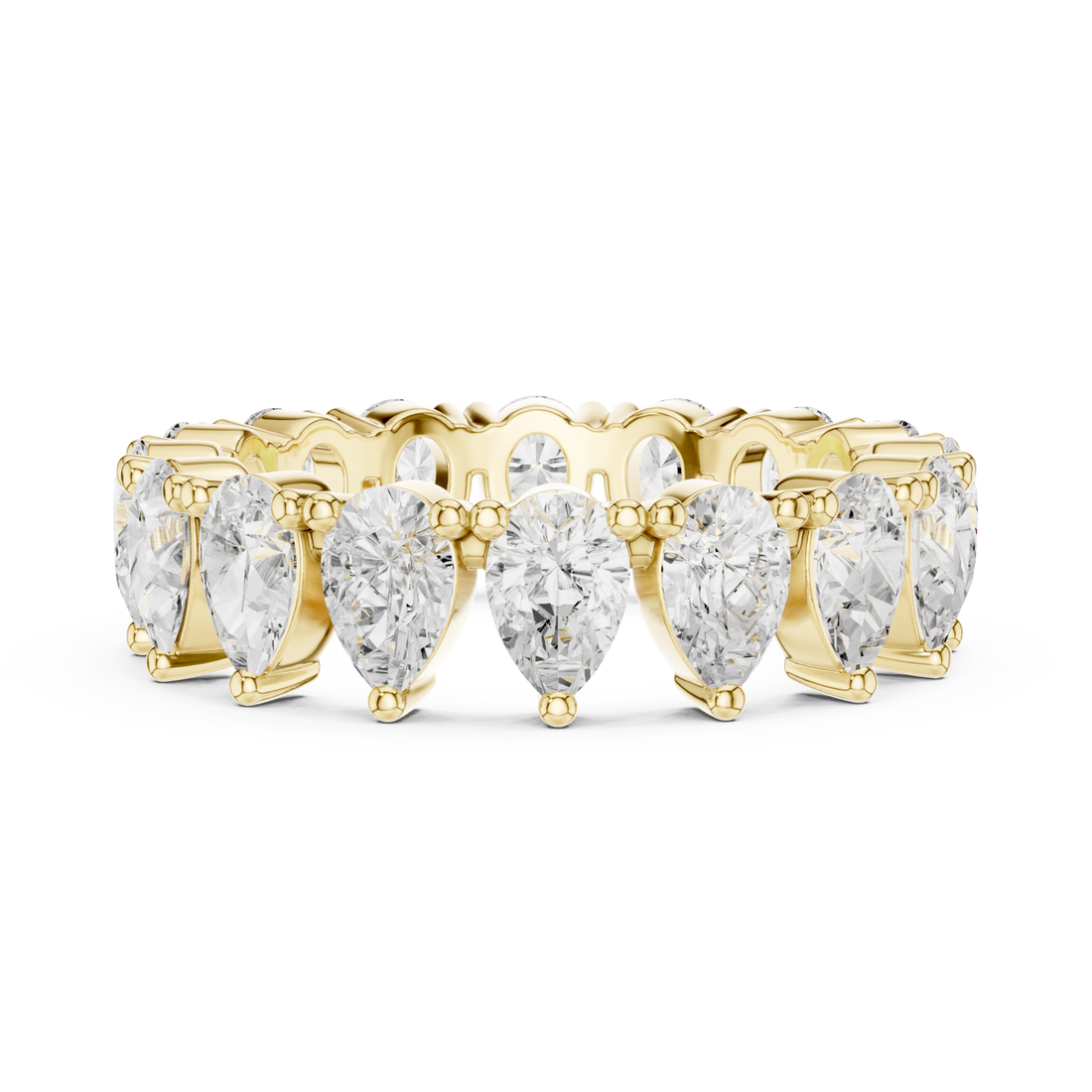 Pear upright shared-prong full eternity band yellow gold front view