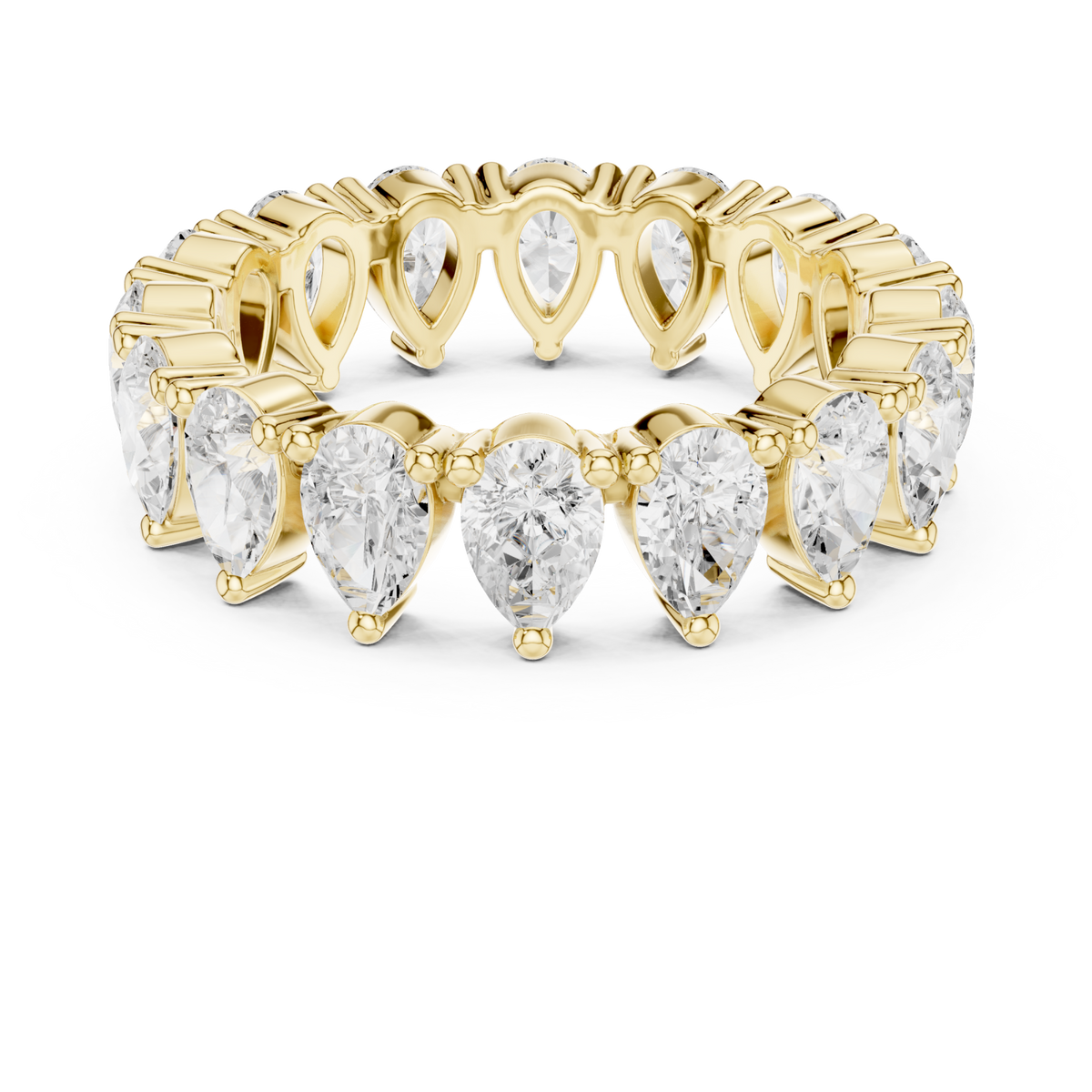 Pear upright shared-prong full eternity band yellow gold detail view