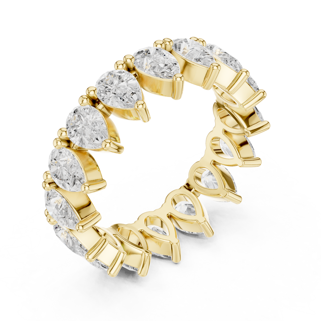 Pear upright shared-prong full eternity band yellow gold front view