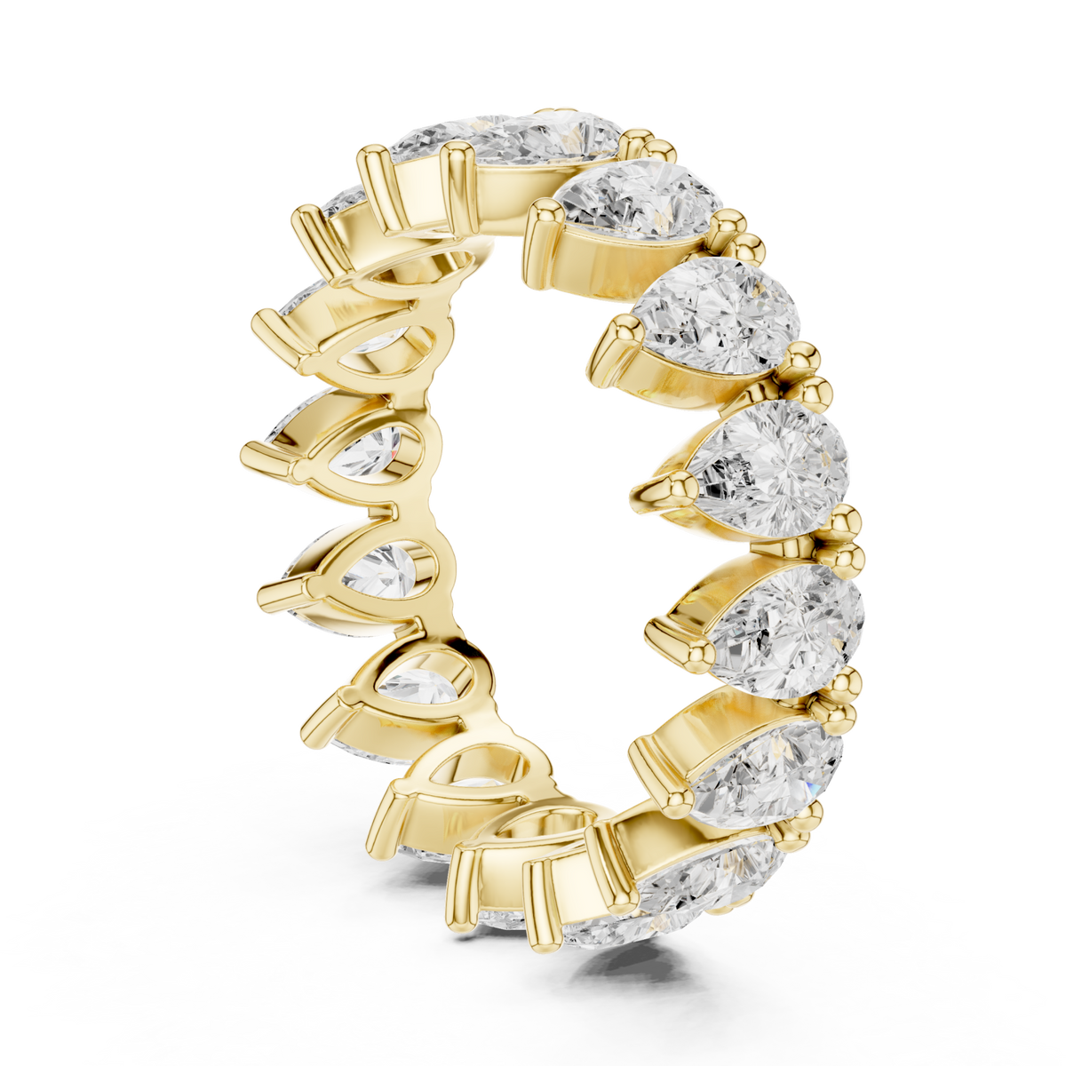 Pear upright shared-prong full eternity band yellow gold side view