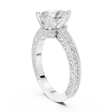 Pear vintage engraved pave engagement ring white gold front view