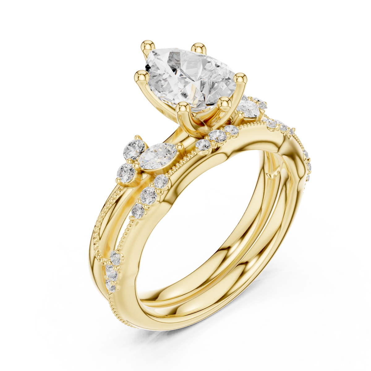 Pear vintage marquise bridal set yellow gold angle view