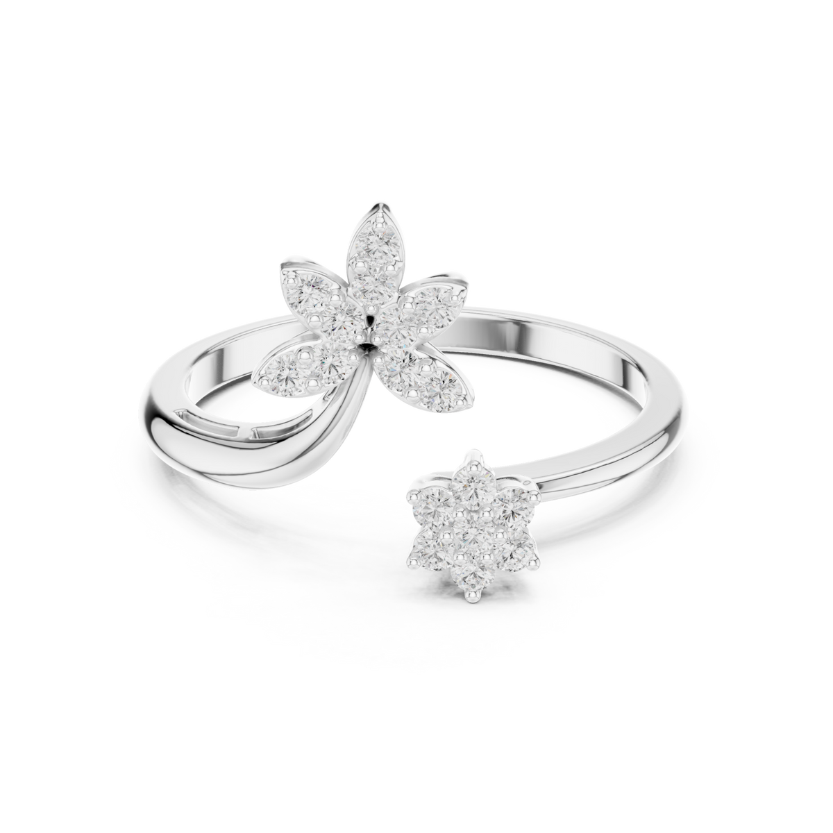 Petal and floret open ring white gold detail view