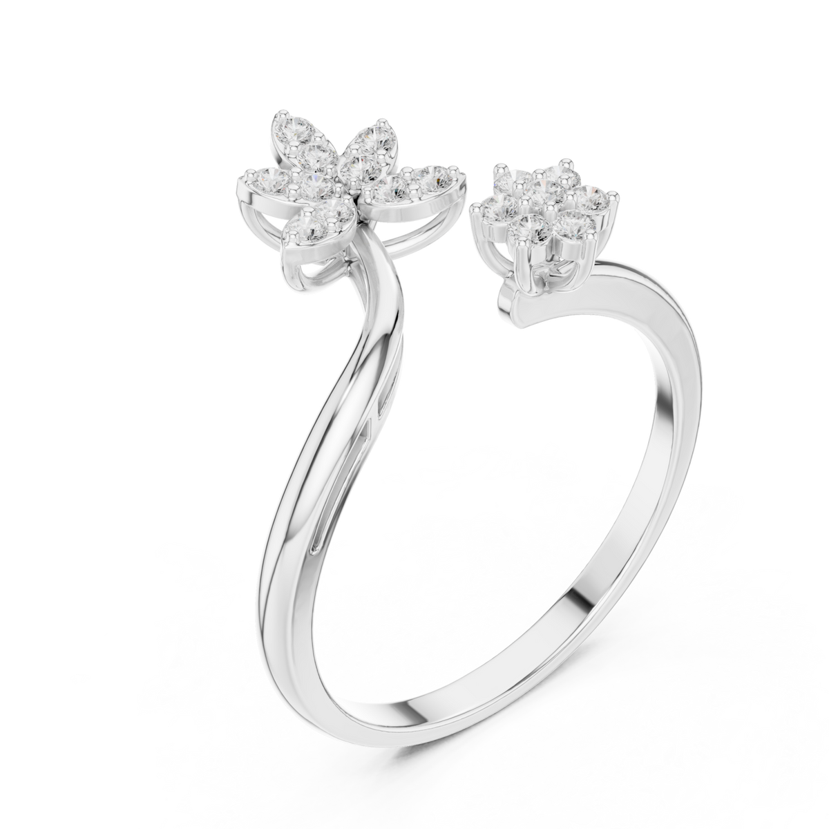 Petal and floret open ring white gold front view