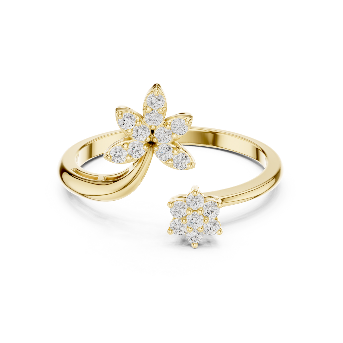 Petal and floret open ring yellow gold detail view