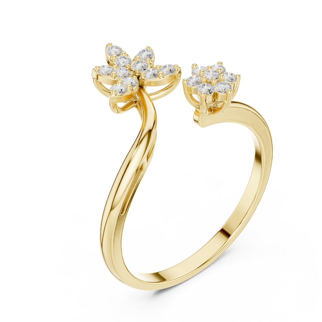 Petal and floret open ring yellow gold front view
