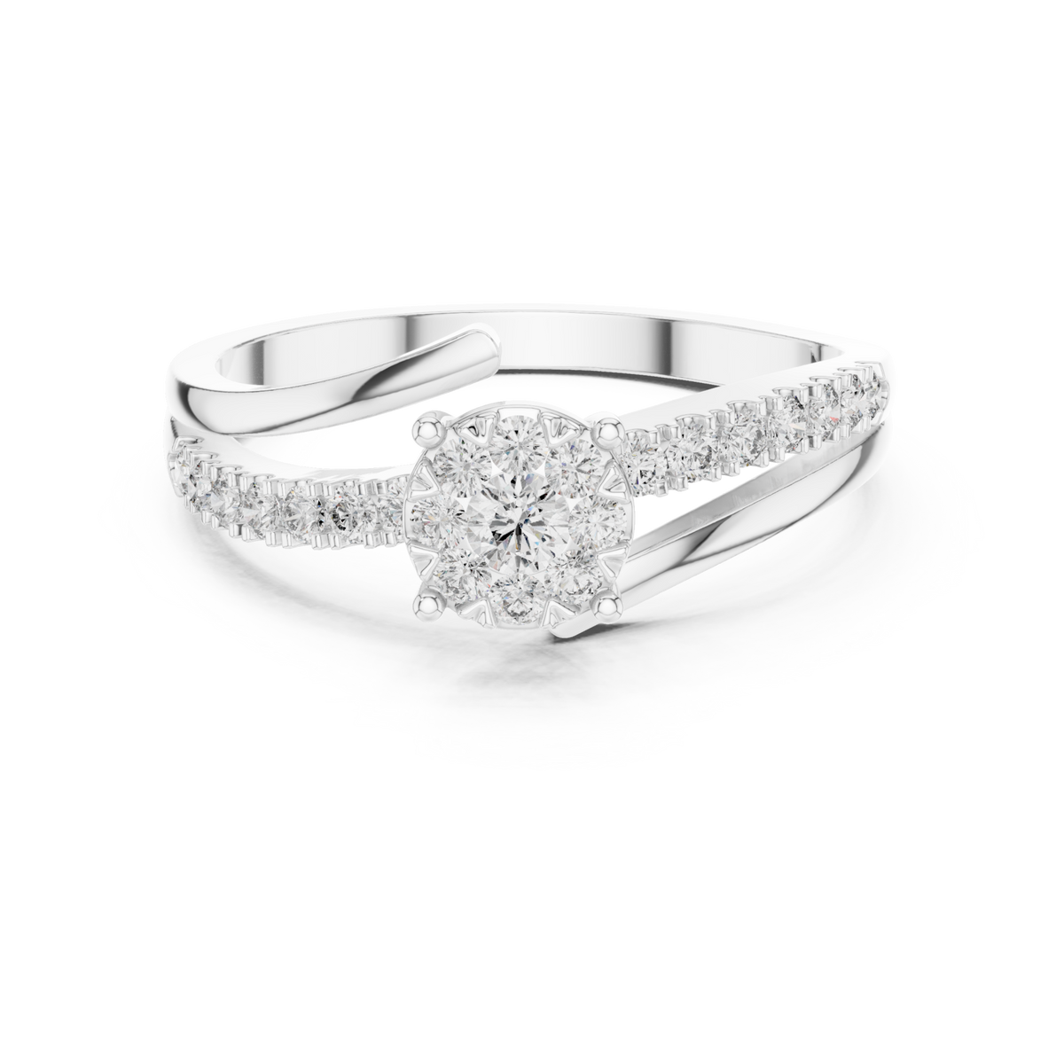 Petite diamond cluster twist-shank ring white gold detail view