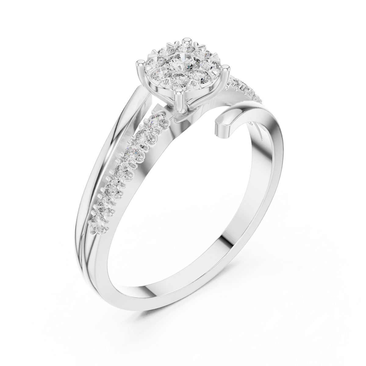 Petite diamond cluster twist-shank ring white gold front view