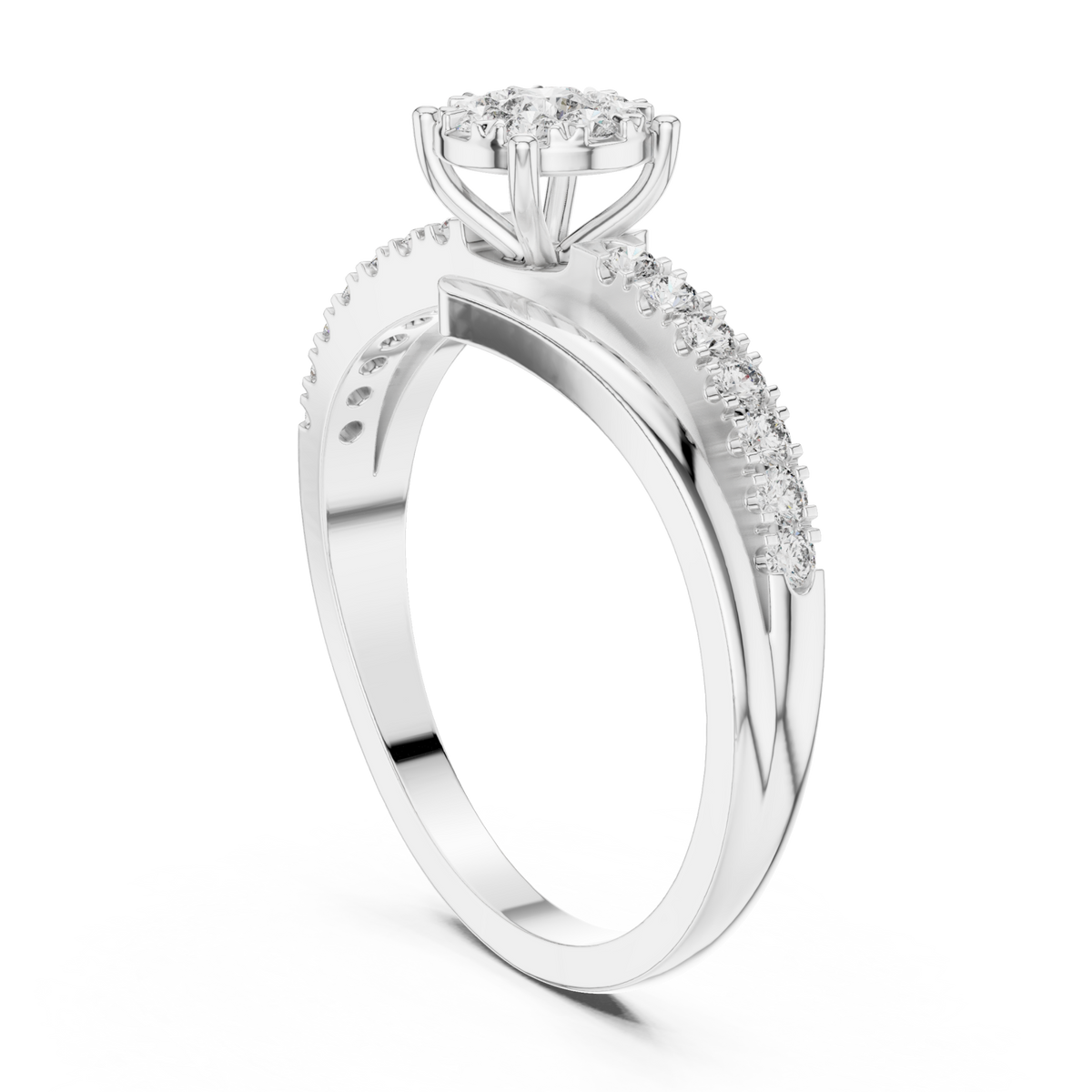 Petite diamond cluster twist-shank ring white gold side view