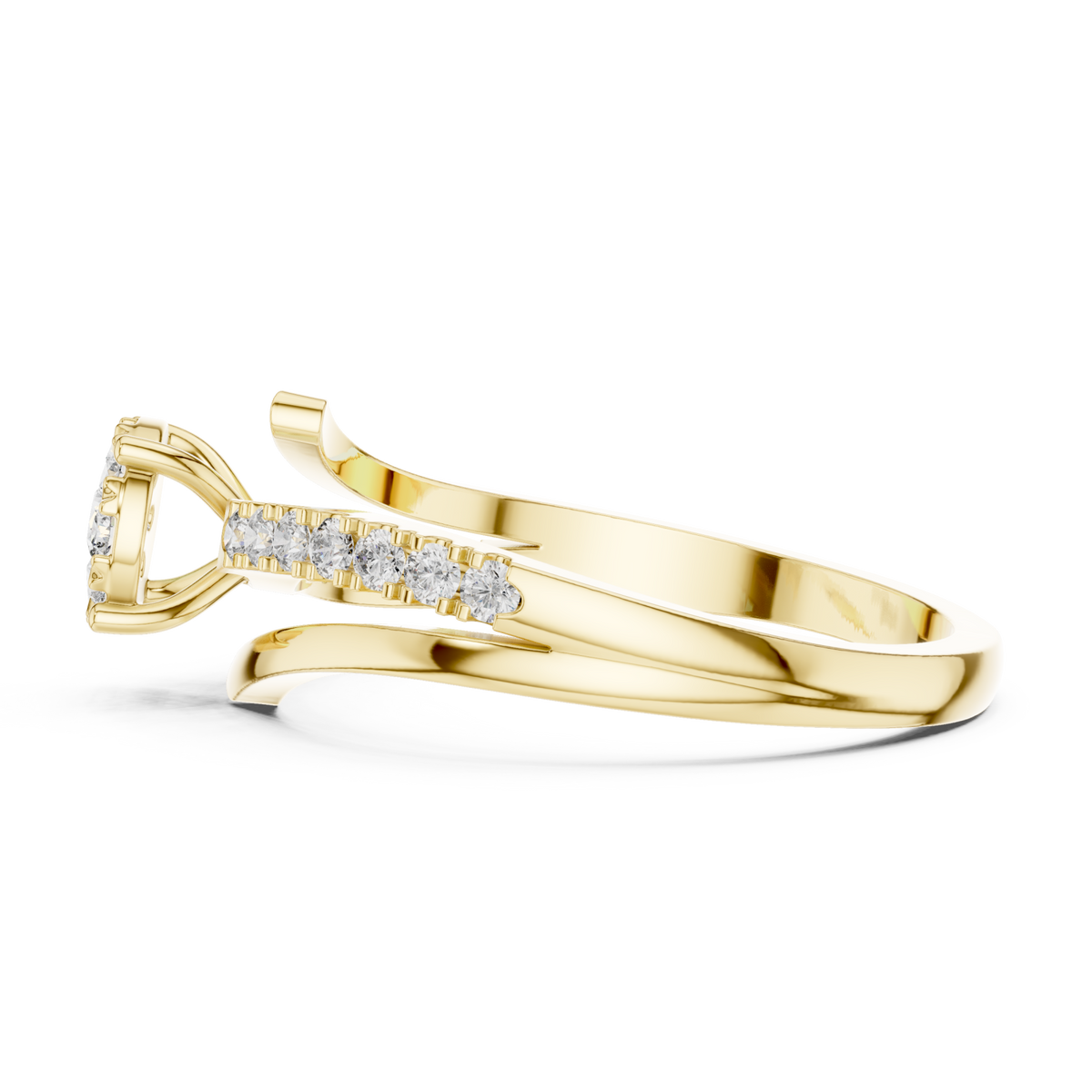 Petite diamond cluster twist-shank ring yellow gold angle view