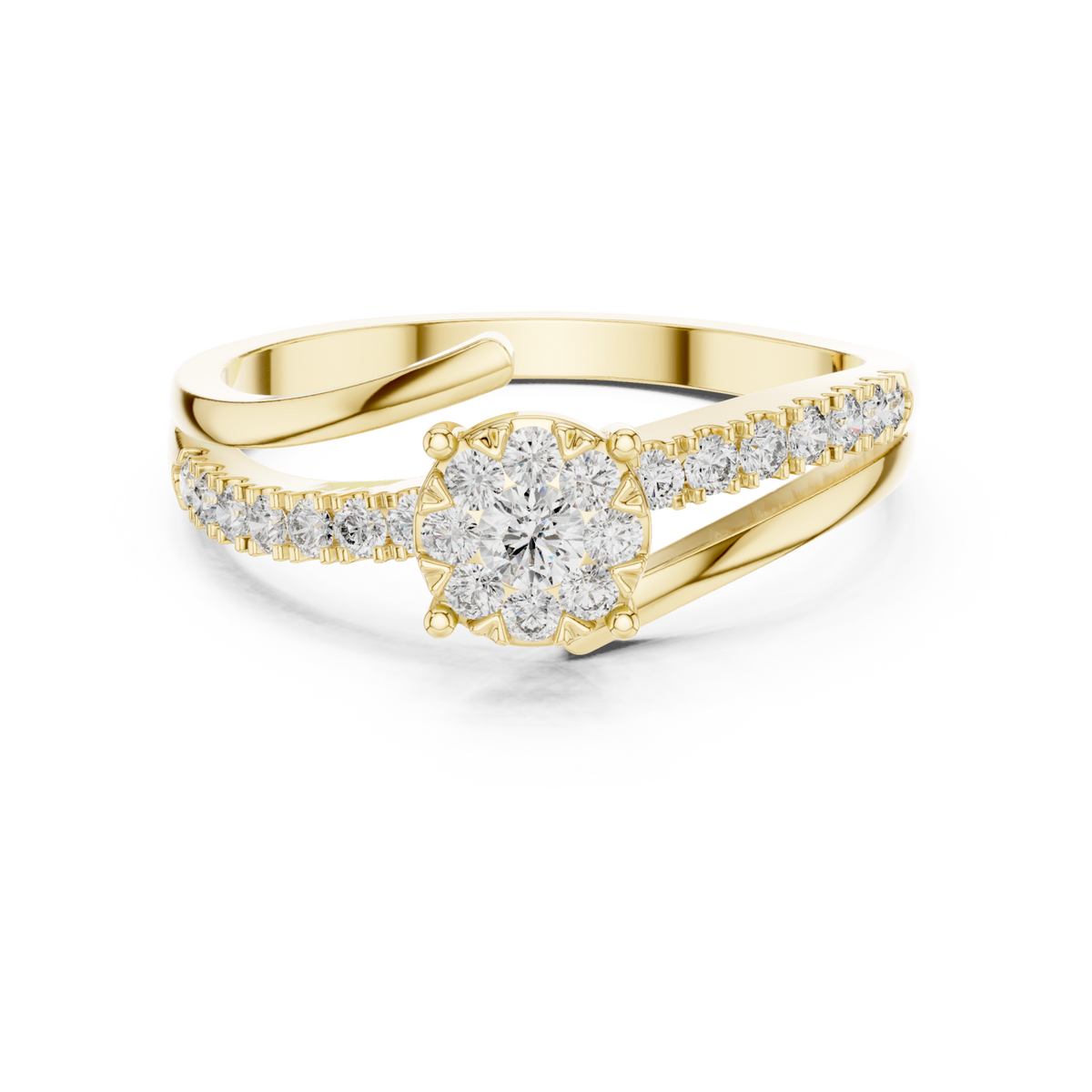 Petite diamond cluster twist-shank ring yellow gold detail view
