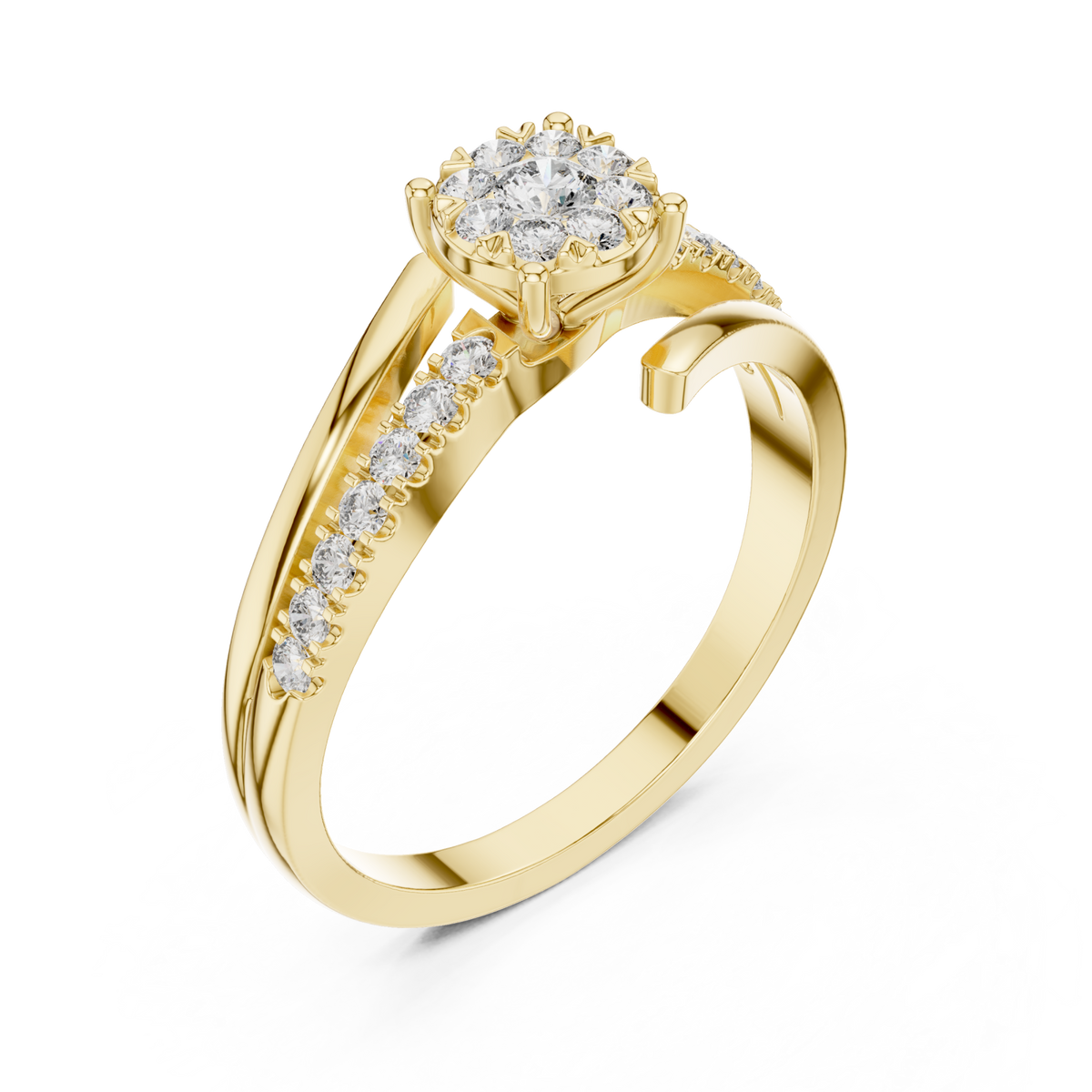 Petite diamond cluster twist-shank ring yellow gold front view
