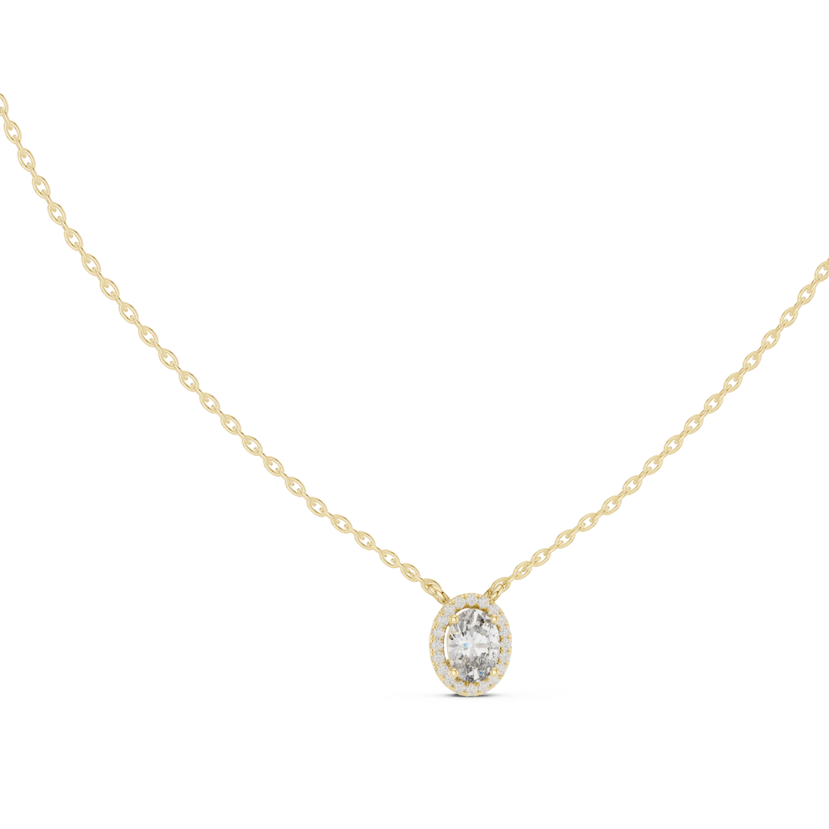 Petite oval halo pendant yellow gold front view