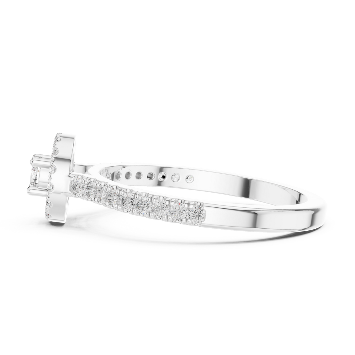 Petite round halo pave ring white gold angle view