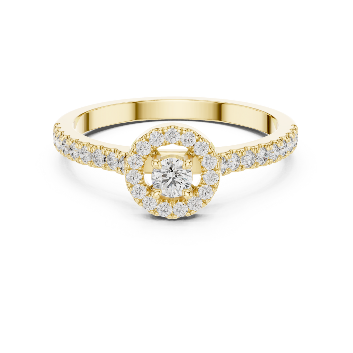 Petite round halo pave ring yellow gold detail view