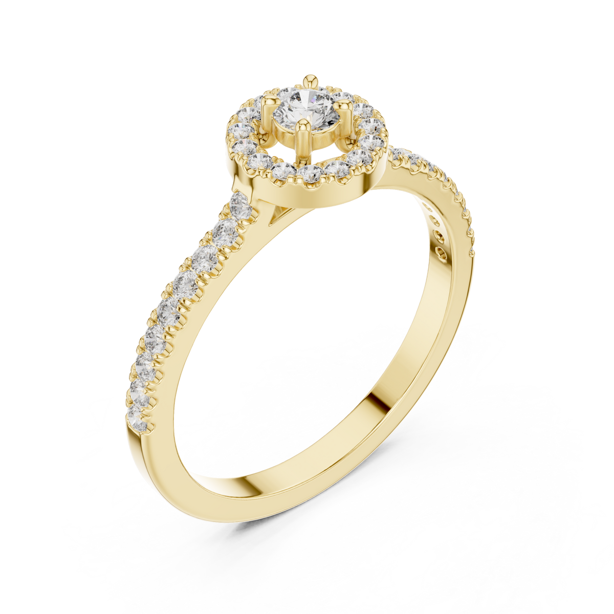 Petite round halo pave ring yellow gold front view
