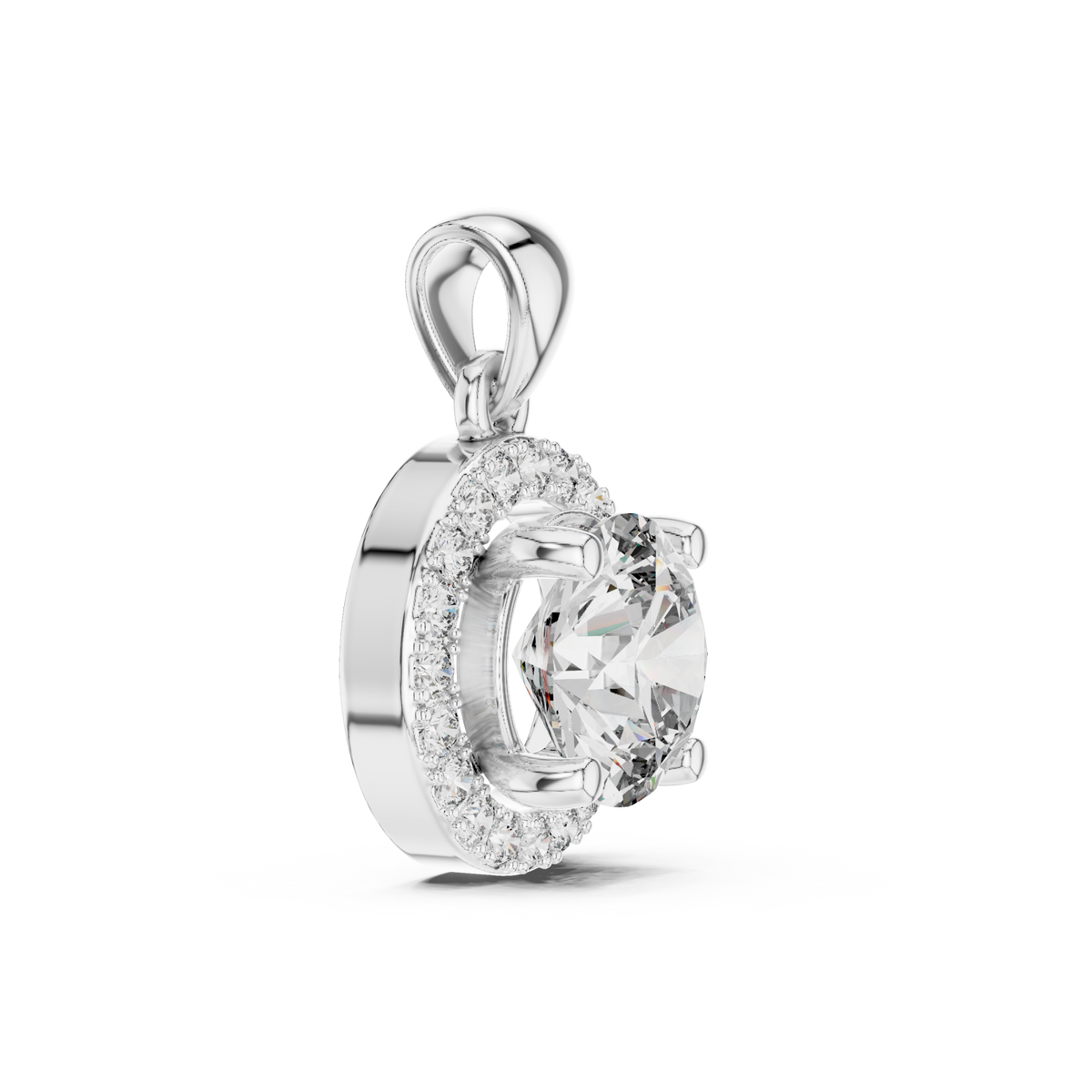 Petite round halo pendant white gold side view