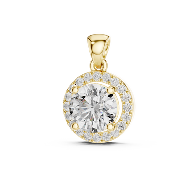 Petite round halo pendant yellow gold angle view