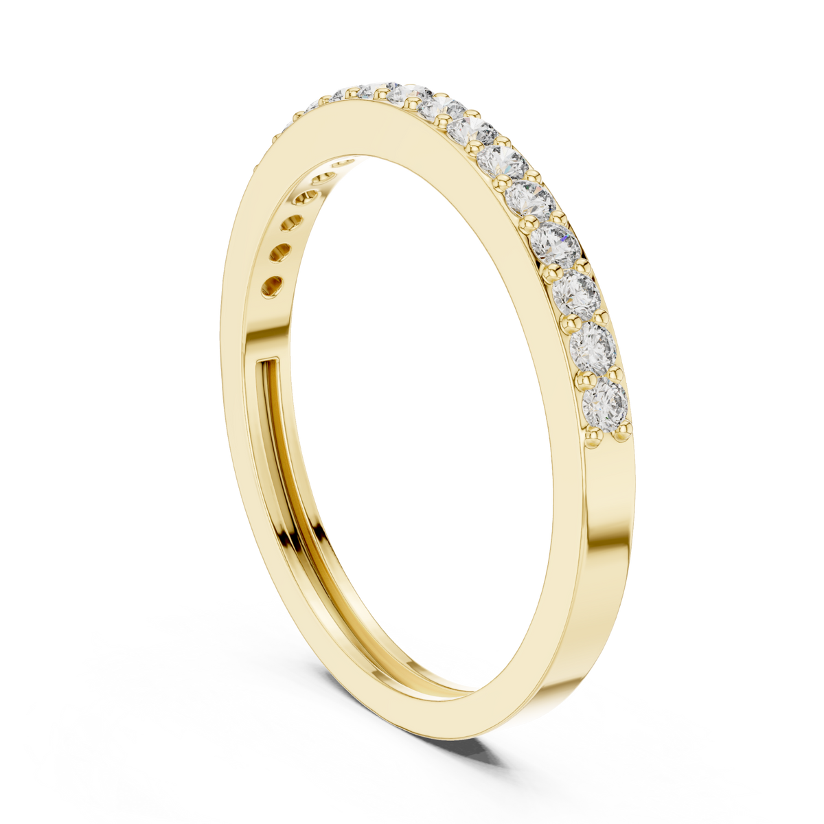 Petite round prong half band yellow gold side view