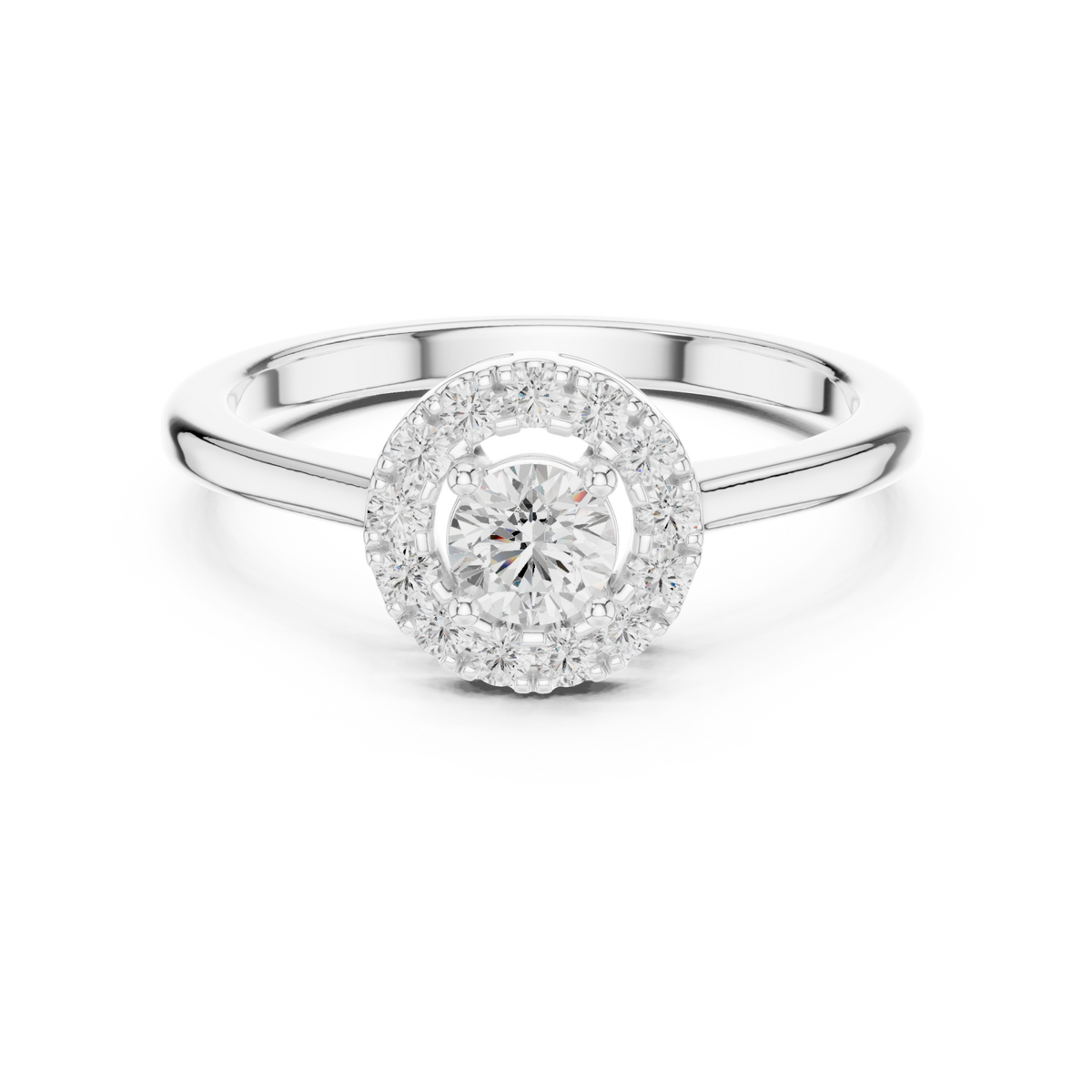 Petite round scalloped halo ring white gold detail view