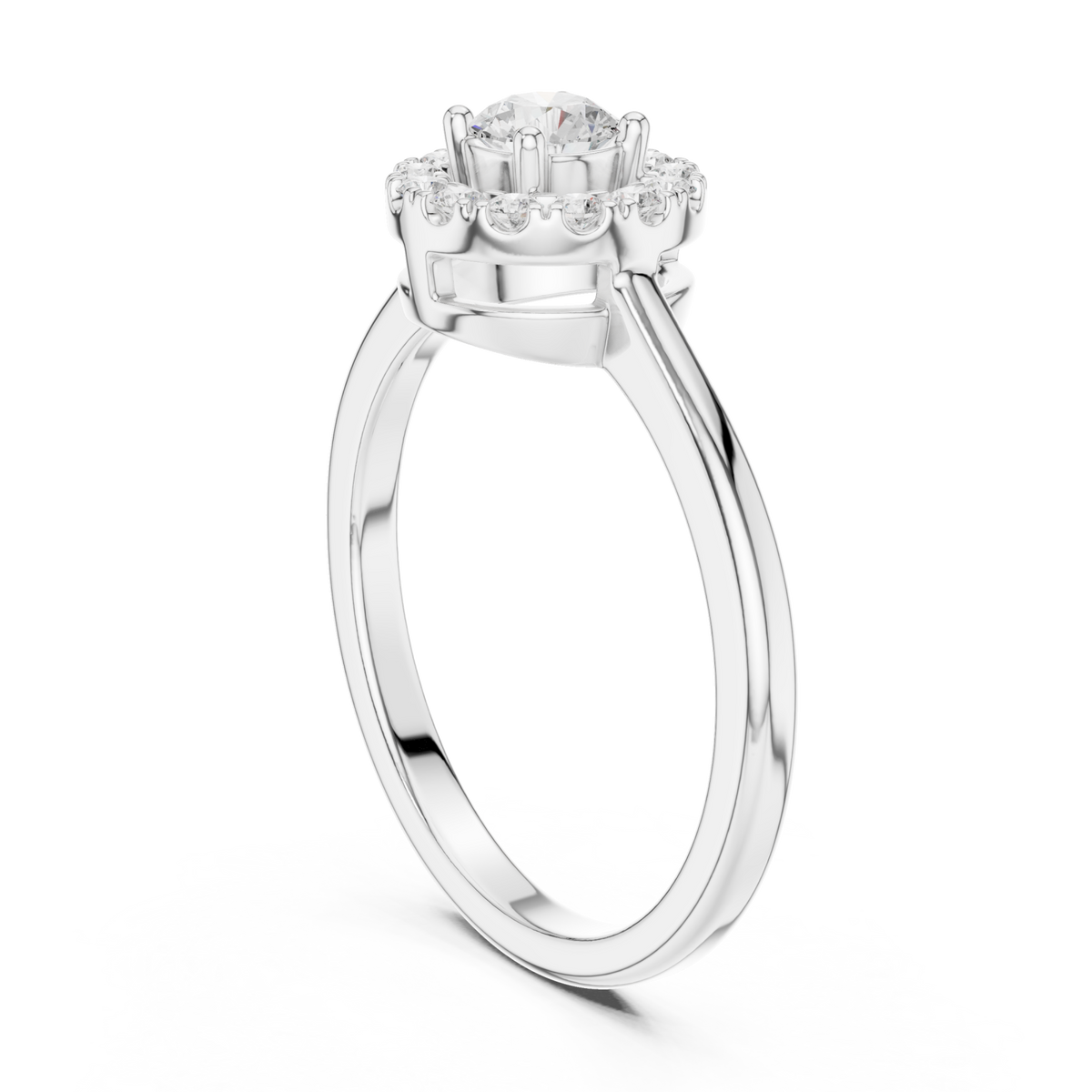 Petite round scalloped halo ring white gold side view