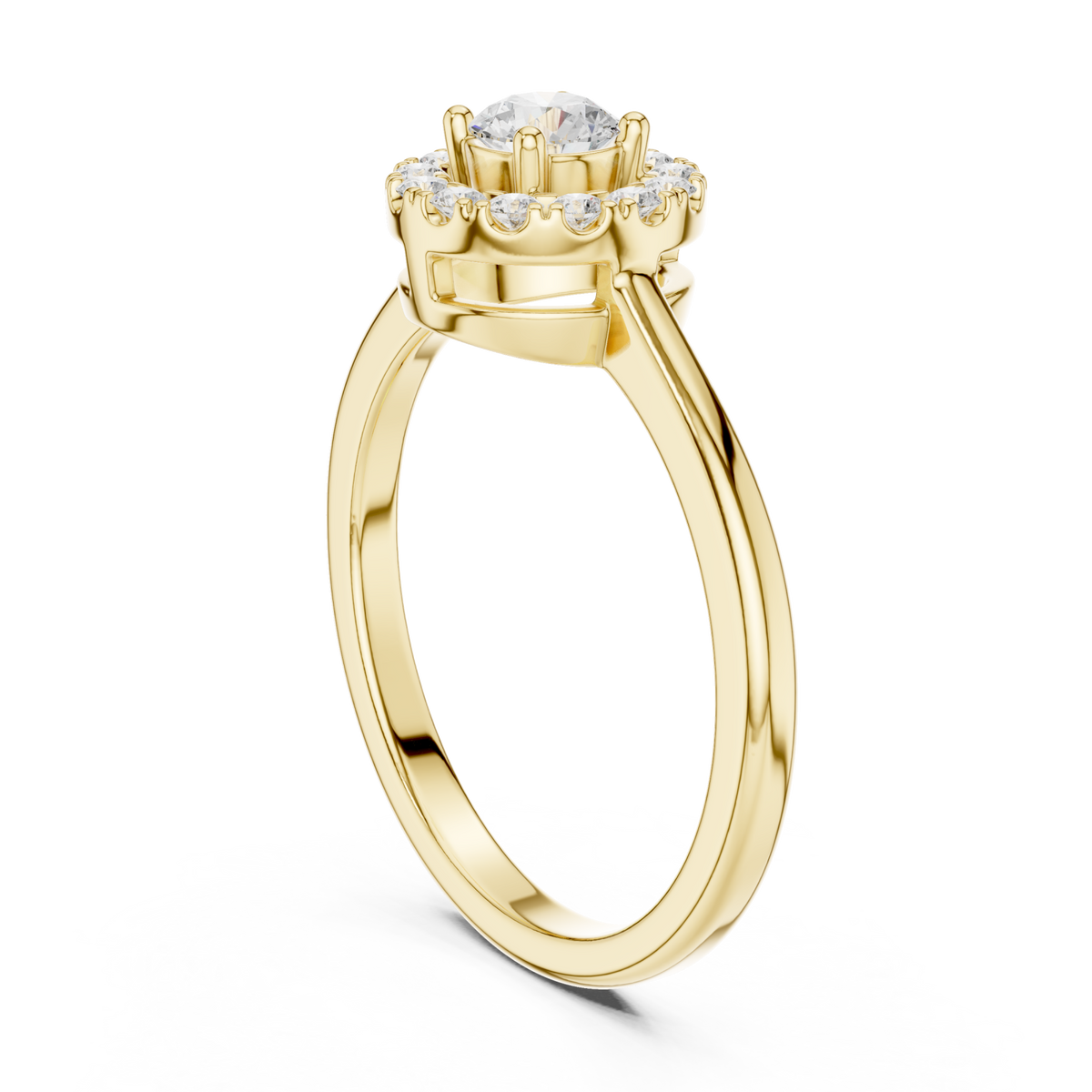 Petite round scalloped halo ring yellow gold side view