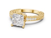 Princess Vintage Engraved Pave Engagement Ring - Gold