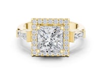 Princess Baguette Shoulder Halo Engagement Ring - Gold
