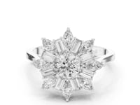 Round Snowflake Baguette Halo Ring - White Gold