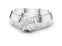 Round Diamond Crown Solitaire Grooved Band for Him - White Gold