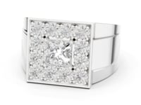 Princess and Round Halo Square Signet Ring for Him - White Gold