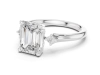 Emerald Round Accent Three Stone Engagement Ring - White Gold