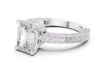 Emerald Vintage Engraved Pave Engagement Ring - White Gold