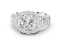 Cushion Deco Baguette Halo Engagement Ring - White Gold