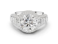 Round Deco Baguette Halo Engagement Ring - White Gold