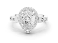 Pear Baguette Shoulder Halo Engagement Ring - White Gold