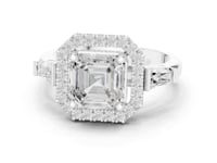 Asscher Baguette Shoulder Halo Engagement Ring - White Gold