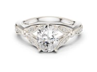 Oval Floral Leaf Pave Engagement Ring - White Gold