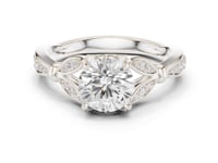 Round Floral Leaf Pave Engagement Ring - White Gold