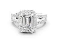 Emerald Split Shank Halo Engagement Ring - White Gold