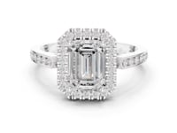 Emerald Channel Band Halo Engagement Ring - White Gold