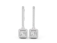 Princess Pave Bar Halo Drop Earrings - White Gold